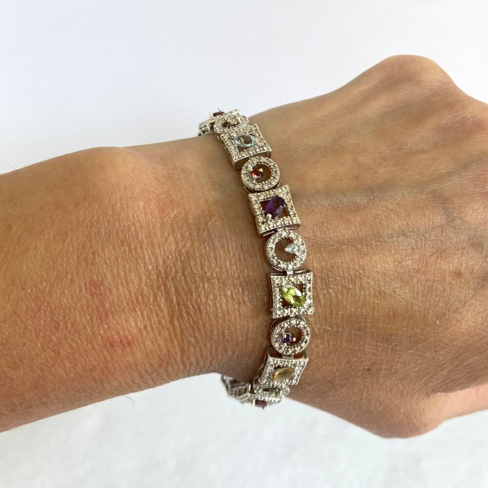 Ross-Simons Sterling Silver 925 Multi Gemstone Geometric Link Tennis Bracelet
